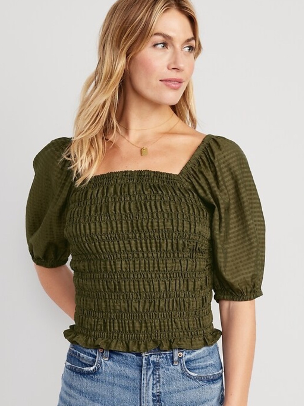 Smocked Square-Neck Puff Sleeve Top - Olive
